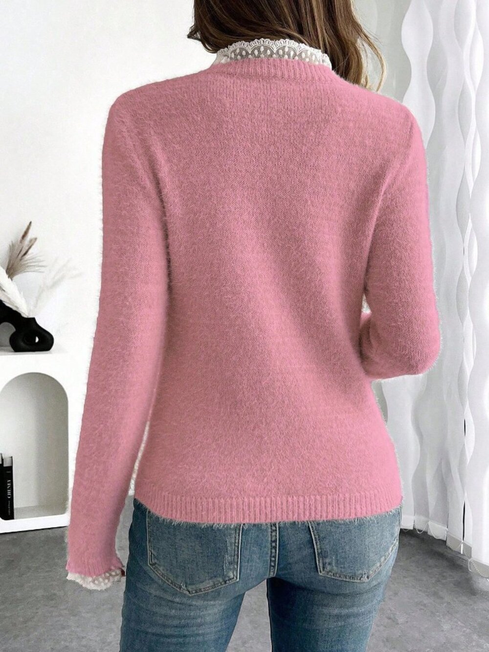 Pink Casual Women's Stand Collar Slim Fit Pullovers - Picture 2 of 6